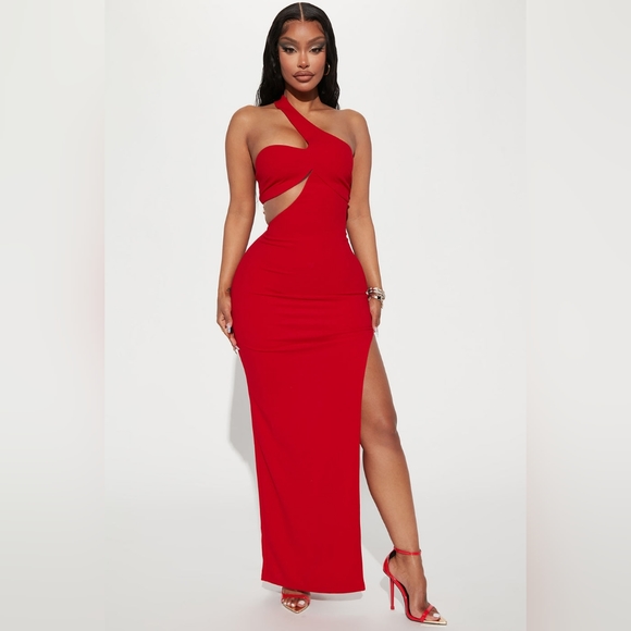Fashion Nova Red Maxi Dress w/ Nude Mesh Cut Out and High Split NWT - Picture 1 of 8